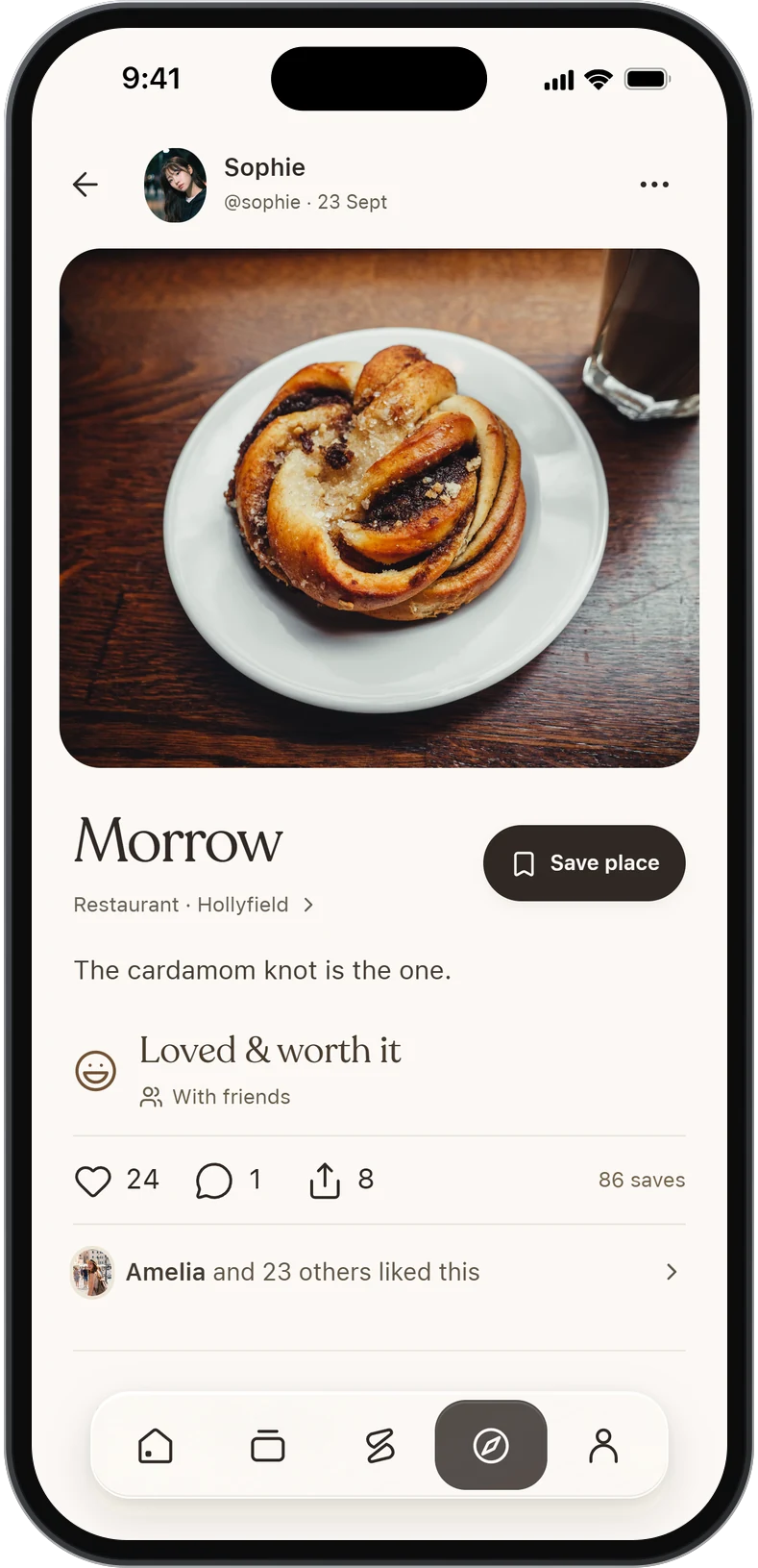 Sophie’s post about Morrow on Discover, with Save place