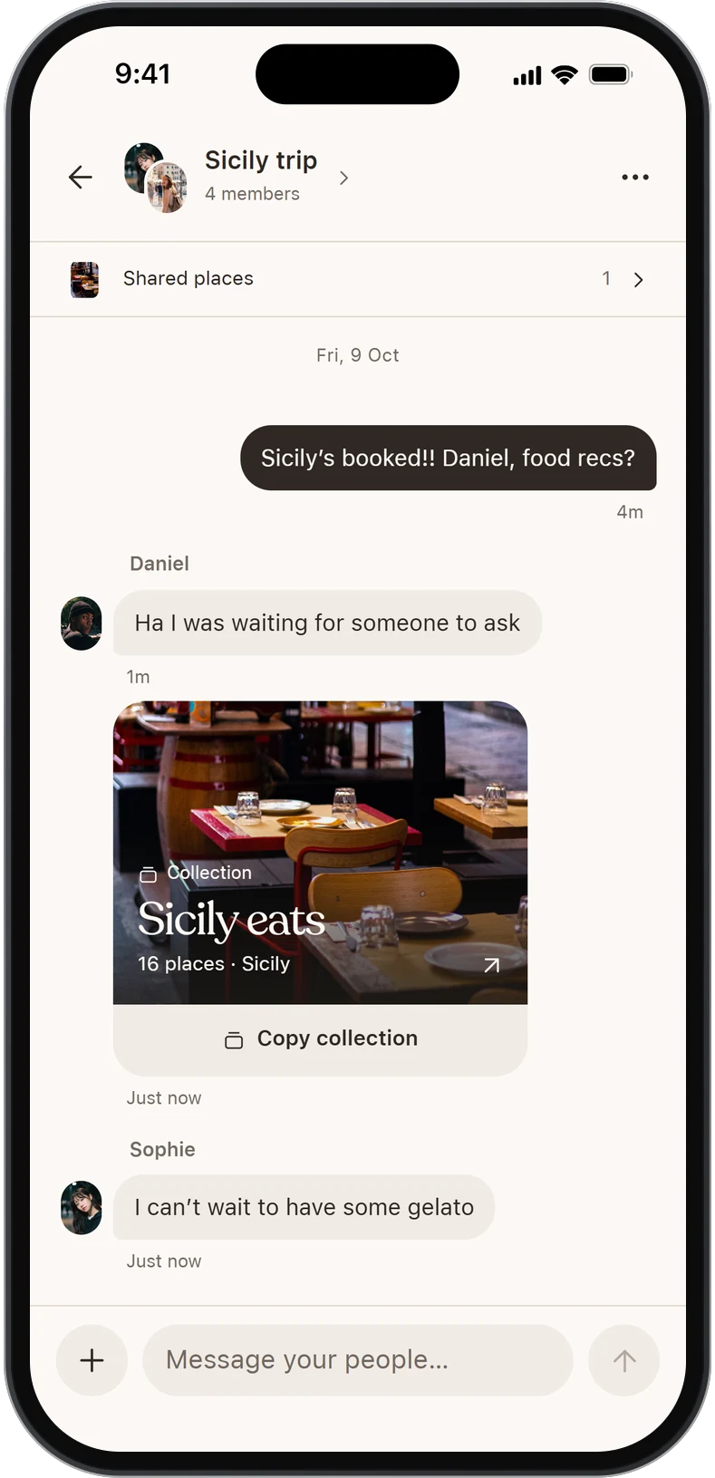 A group chat about a Sicily trip, with Daniel sharing his Sicily eats collection